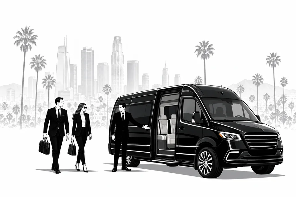 Business travelers beside an executive passenger van — illustration