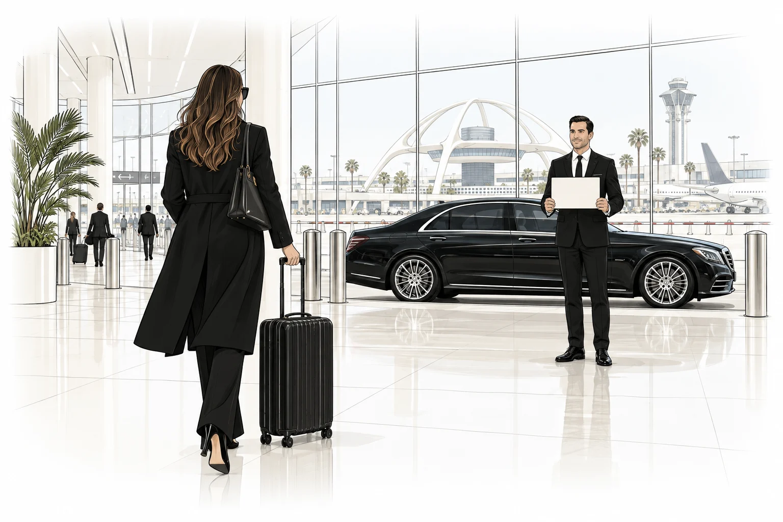 A chauffeur welcomes a traveller with a nameboard inside an airport arrival hall — illustration