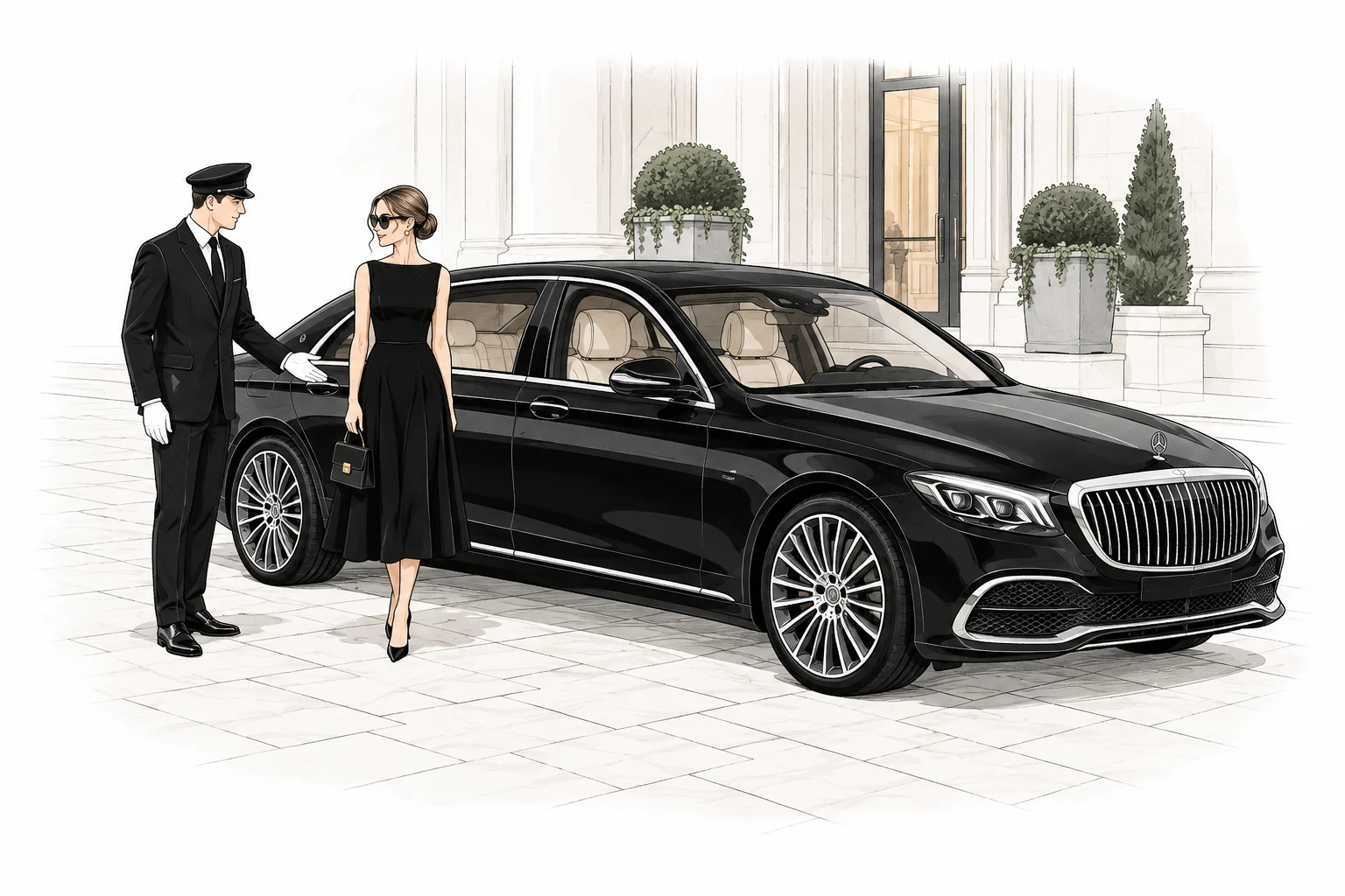 A chauffeur welcoming a guest at a hotel — illustration