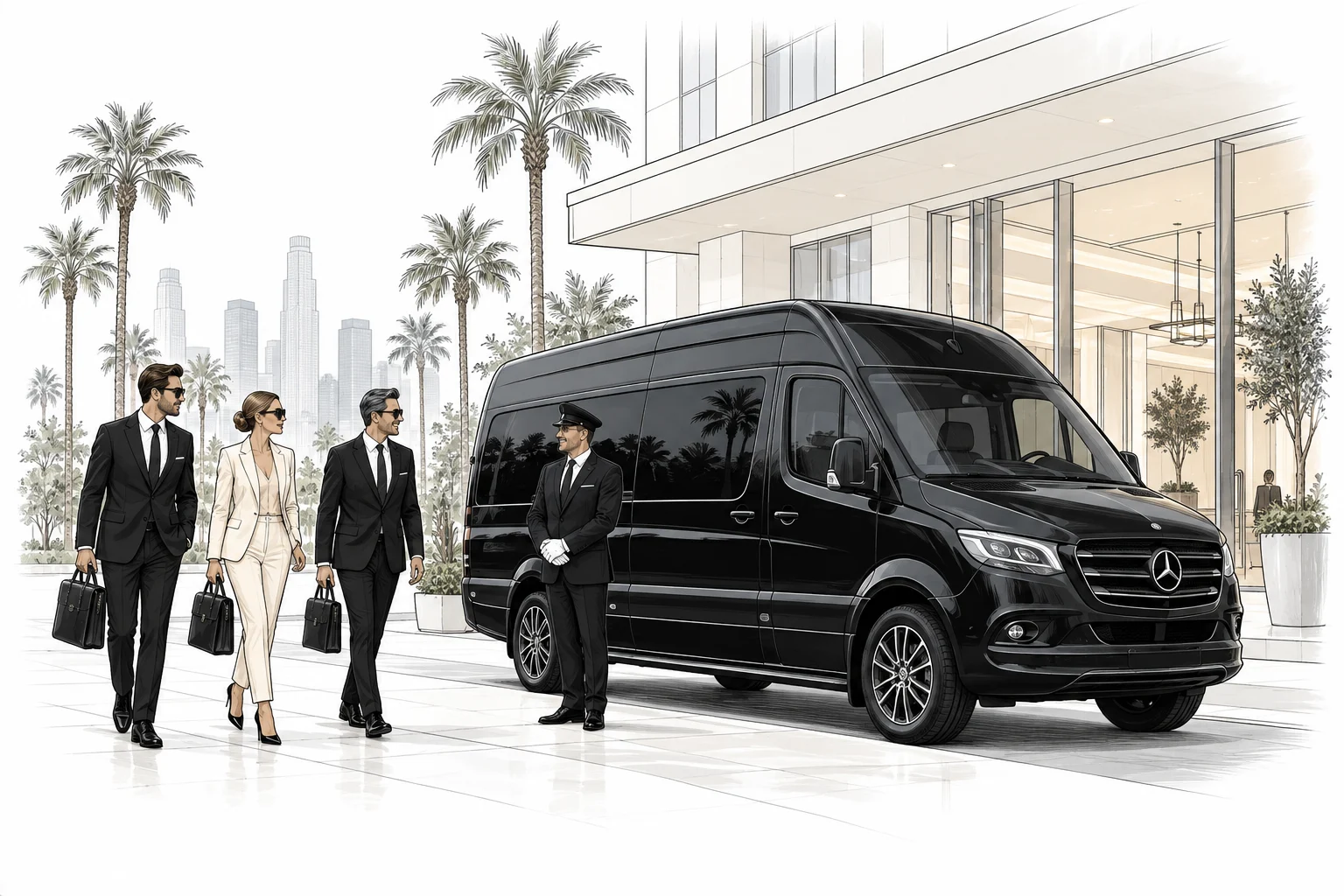 Business travellers and a chauffeur beside an executive van at a Los Angeles conference hotel — illustration