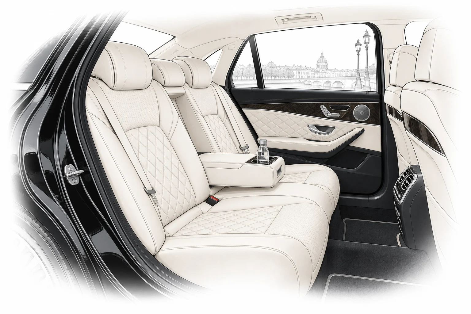 Ivory leather rear seats in a luxury sedan — illustration