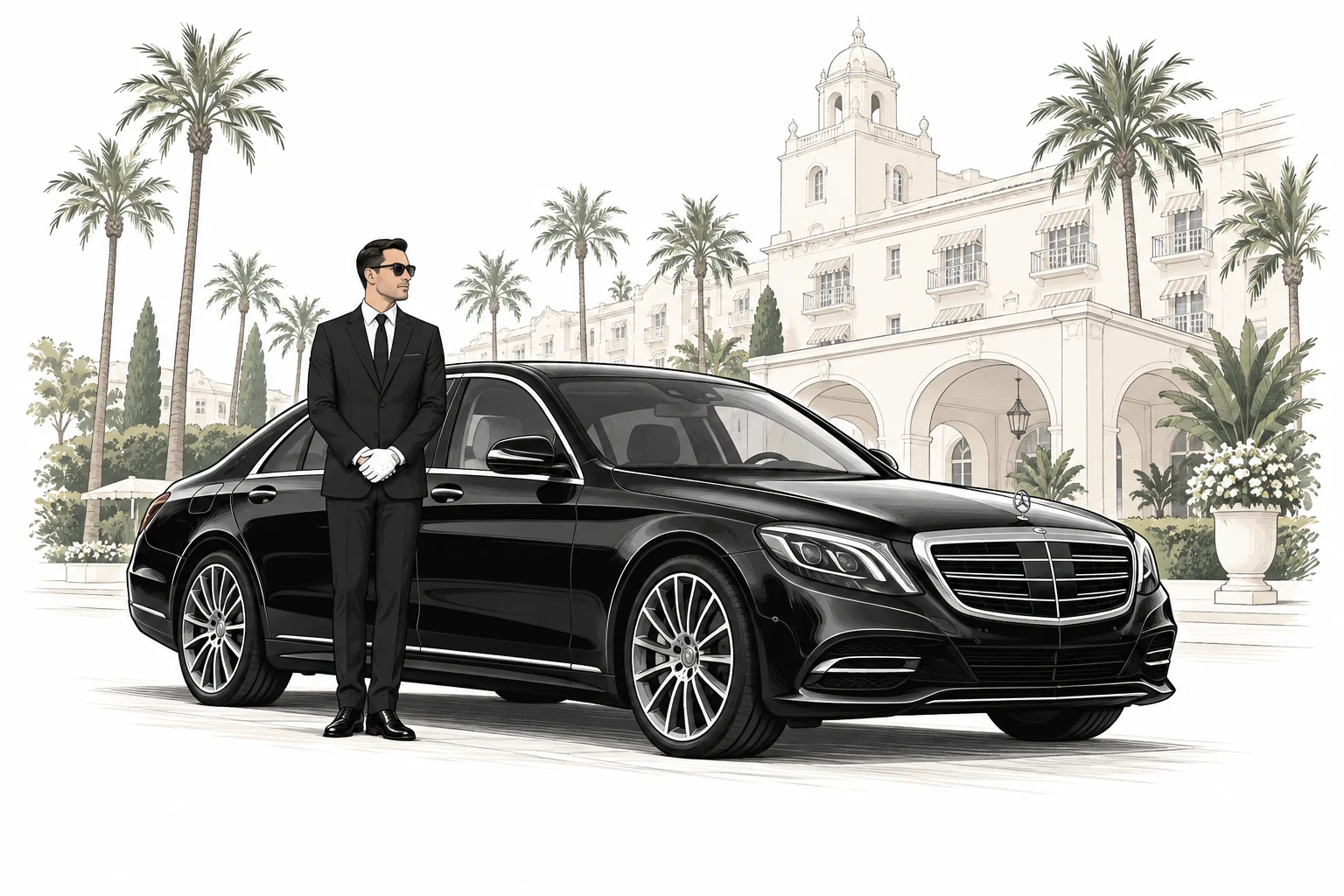 A chauffeur waits beside a black sedan outside a Beverly Hills hotel — illustration
