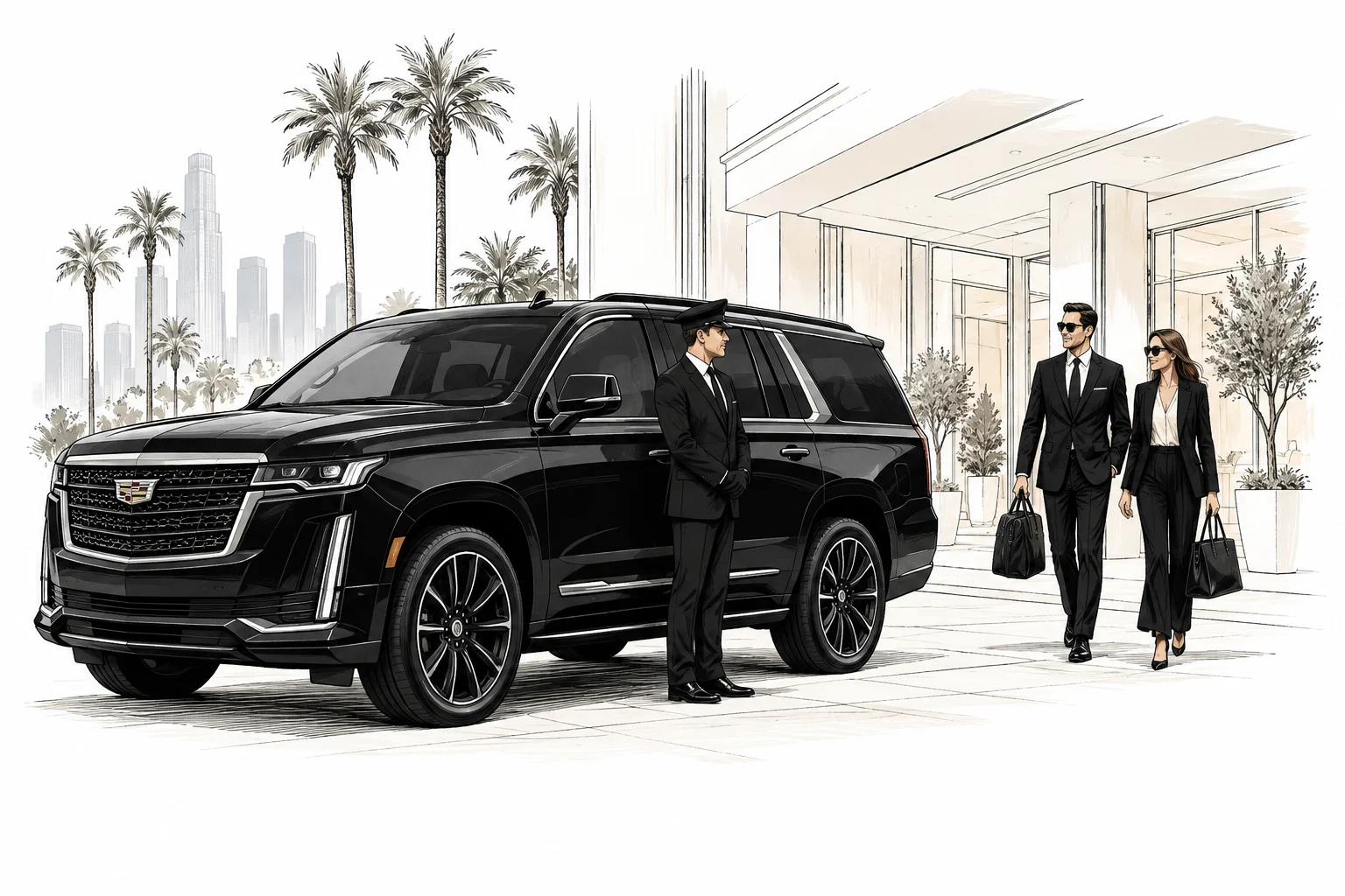 A chauffeur welcomes business travellers beside a black SUV at a Los Angeles hotel — illustration