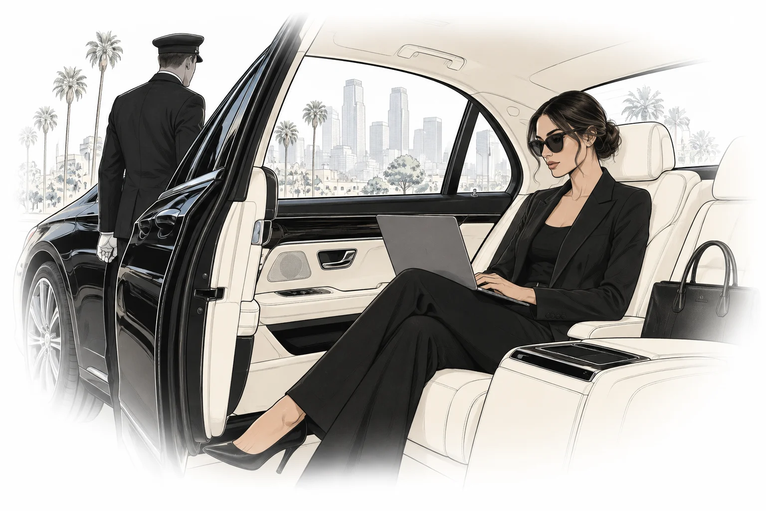 A passenger working on a laptop in a luxury rear cabin — illustration
