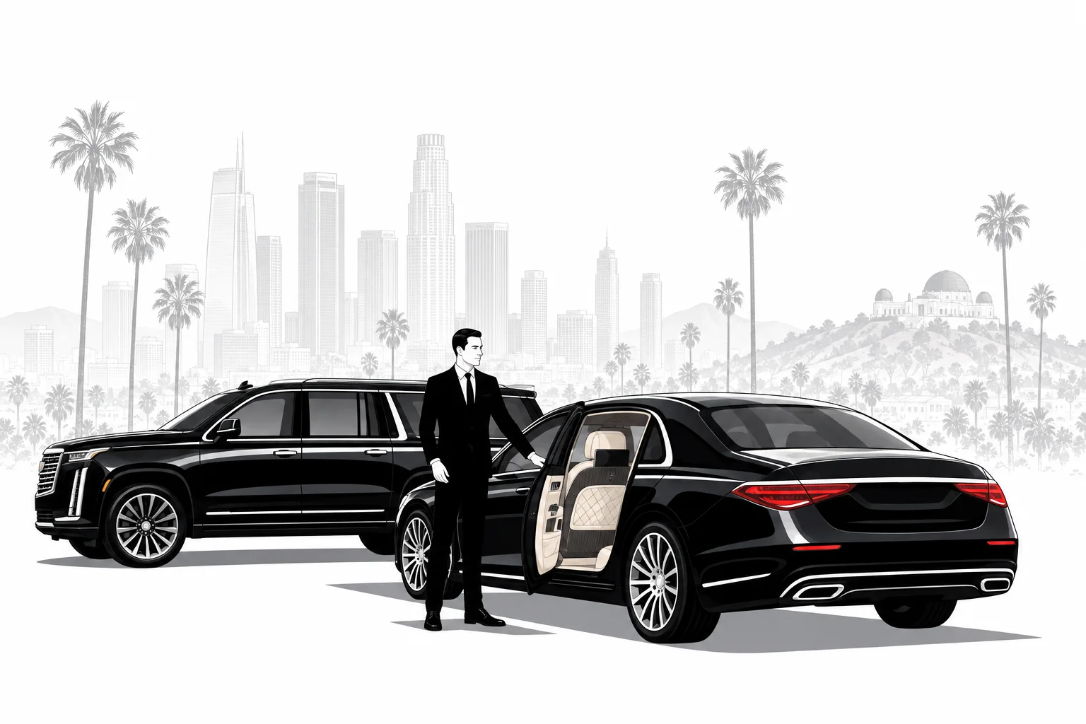 Los Angeles skyline and Griffith Observatory behind a chauffeur, luxury sedan and SUV — illustration