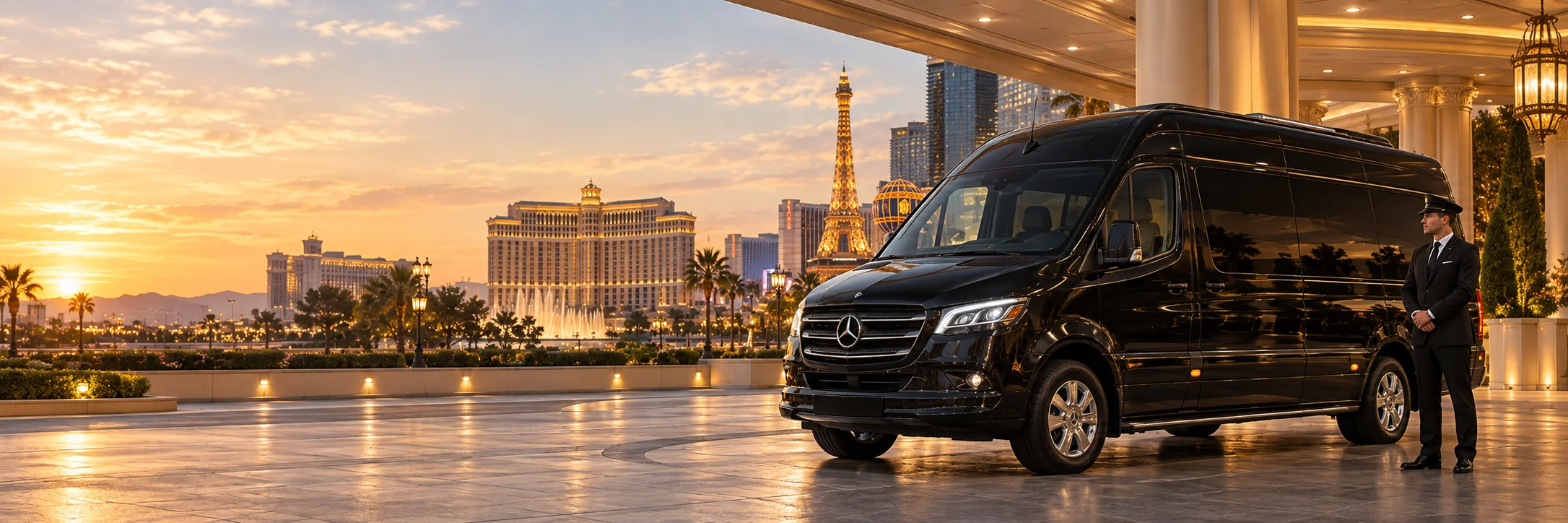 Las Vegas with a black luxury vehicle and chauffeur — illustrative scene