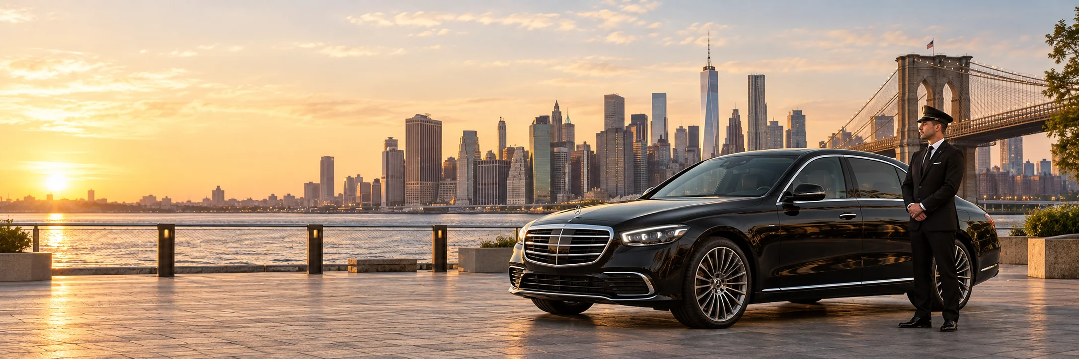 New York with a black luxury vehicle and chauffeur — illustrative scene