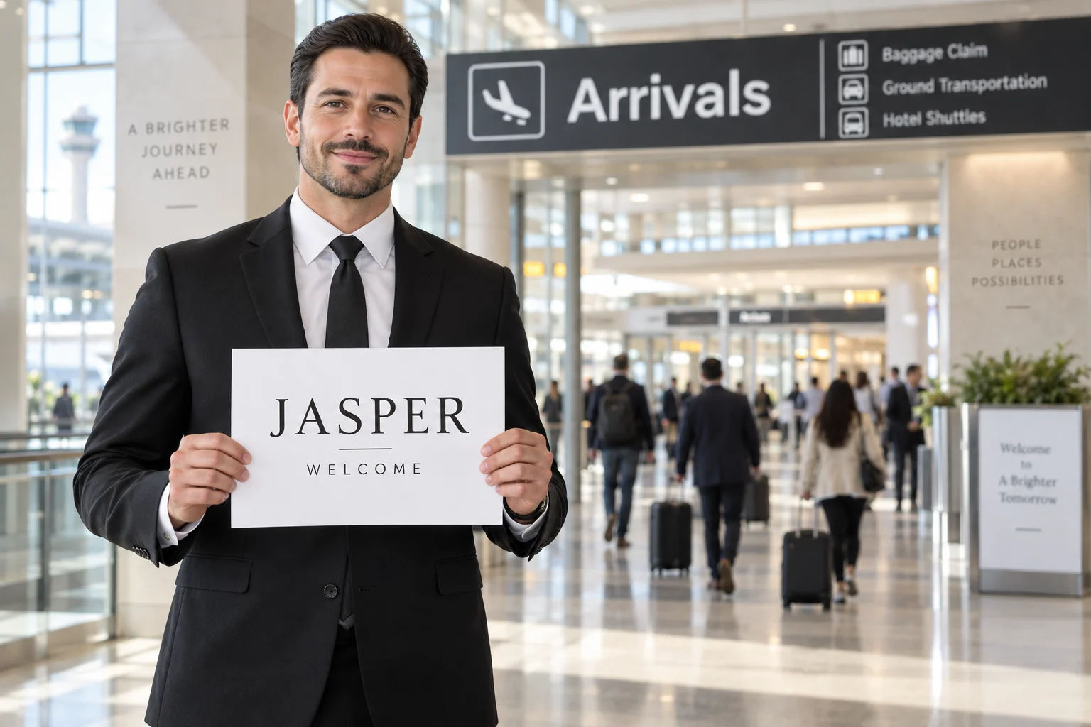 Airport arrival-hall chauffeur holding a Jasper welcome sign — illustration