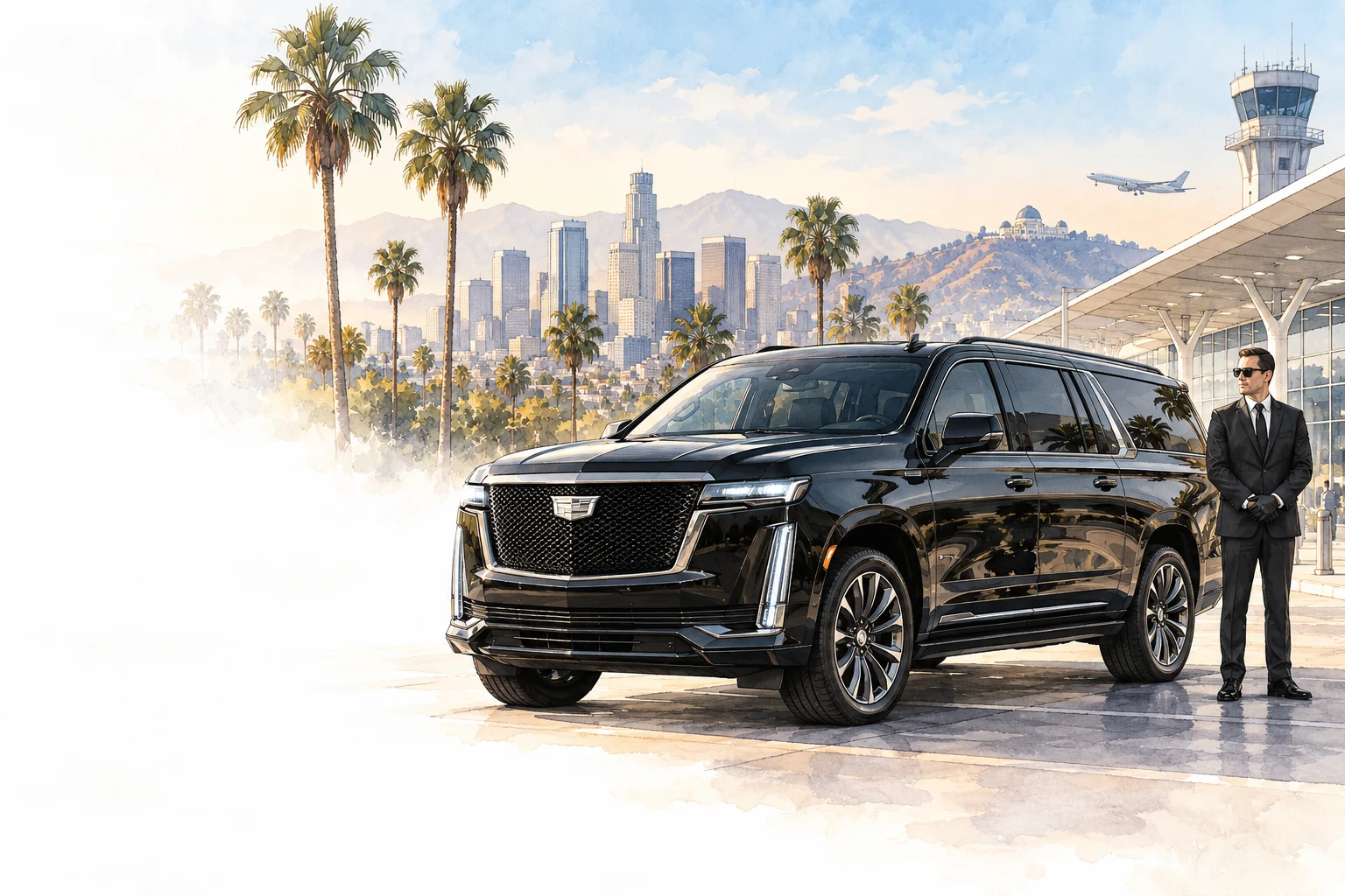 Black Cadillac Escalade ESV and chauffeur with California palms, Los Angeles skyline and Hollywood hills — illustration