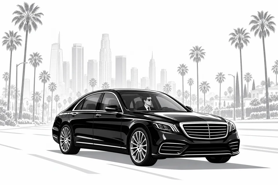 A black sedan on a palm-lined Los Angeles boulevard — illustration